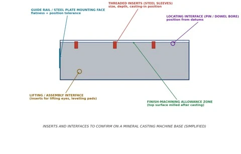 Inserts and interfaces to confirm on a mineral casting machine base