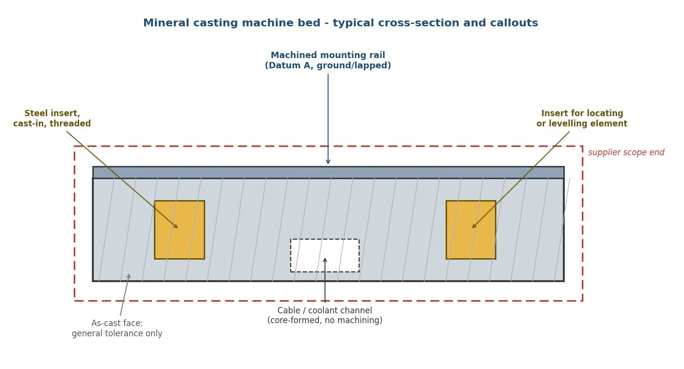 news-780-1 Typical machine bed cross-section with inserts, channel and machined rail