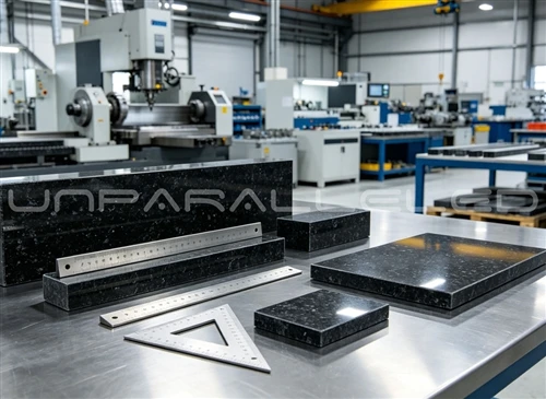 news-1-1 Granite surface plates, straight rulers, square rulers and V-blocks on a bench at the UNPARALLELED workshop