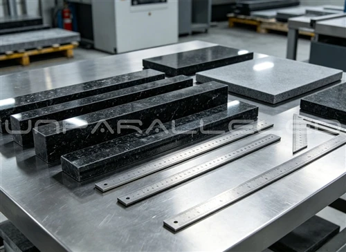 news-1-1 Black granite machine base beams compared with steel straight edges resting on a granite surface plate at the UNPARALLELED factory