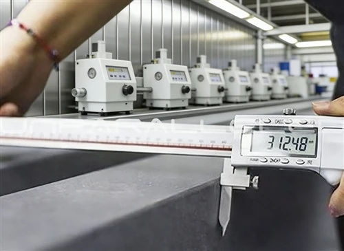 news-1-1 A worker checking a black granite straight edge with a digital caliper in the UNPARALLELED measuring-instruments workshop