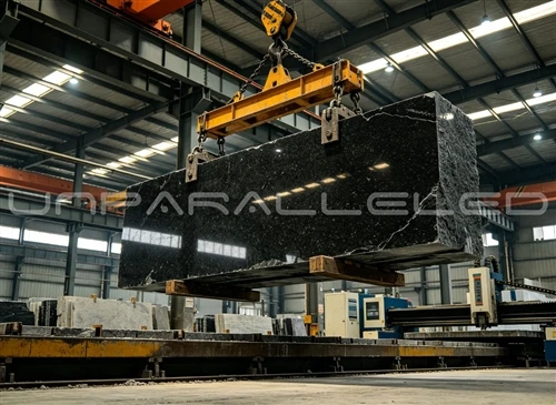 news-1-1 A large block of dense black granite being lifted by an overhead crane at the UNPARALLELED factory before machining